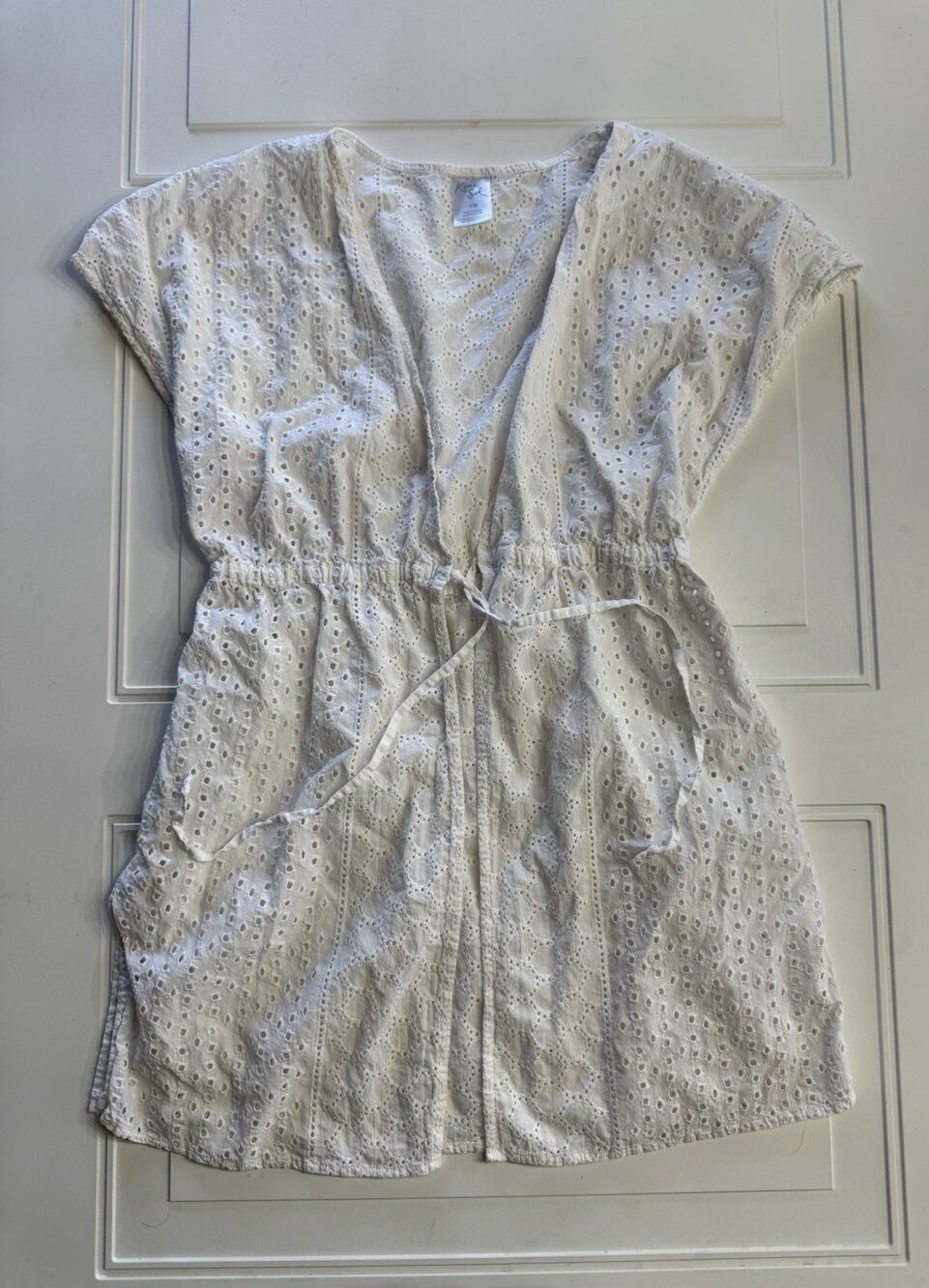 Kona Sol Sz S/M Tie Front Eyelet Short Swim Cover Up Top Dress White Cotton